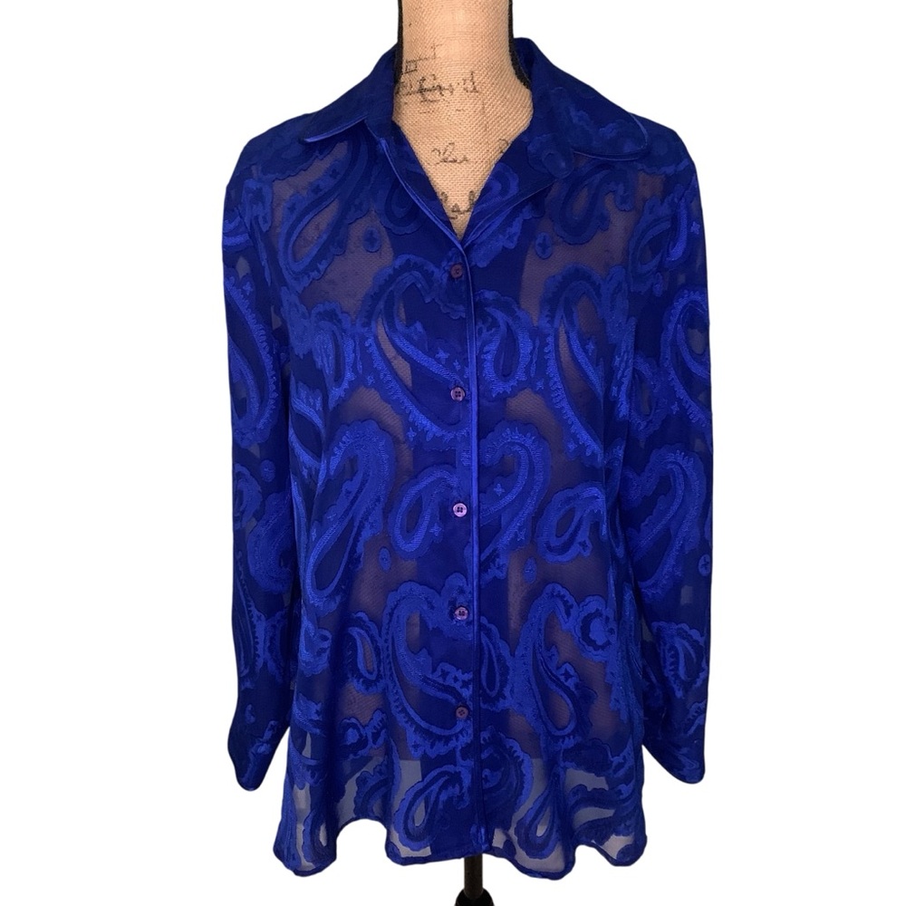 Vintage Notations Blue Sheer Button Down Blouse
